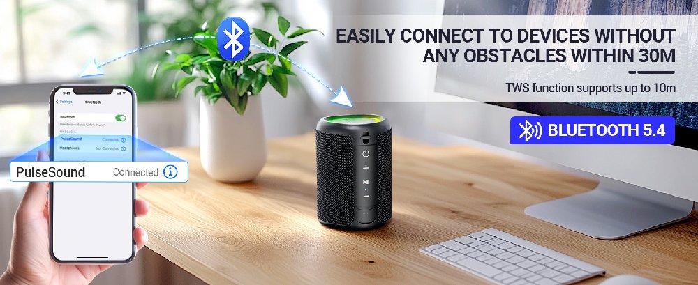 Text reads 'EASILY CONNECT TO DEVICES WITHOUT ANY OBSTACLES WITHIN 20M' 'BLUETOOTH 5.4'. Images showing wireless device connectivity in home setting.